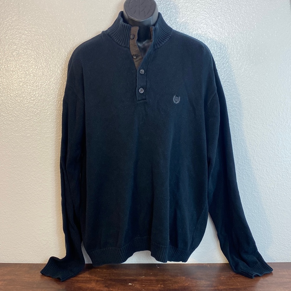 Chaps Dark Blue Sweater, Mock Turtleneck 1/4 Button Up, Brown Details Men's XXL